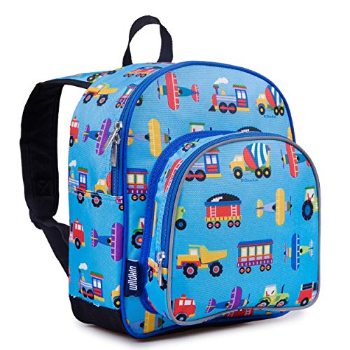 Wildkin 12 Inch Kids Backpack with Modern Nap Mat (Trains, Planes & Trucks)