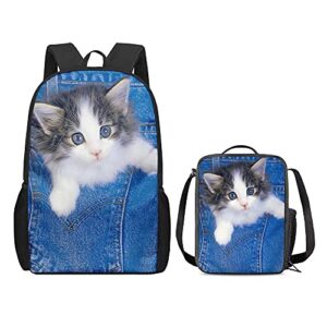 Cute Bookbags 17 inch Backpack Animal Cat Print Lightweight Daypacks with Lunchbag