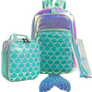 Backpack for Girls Mermaid Magic Sequin School Bag with Lunch Box Girls Backpack Set for Elementary Preschool Bookbag