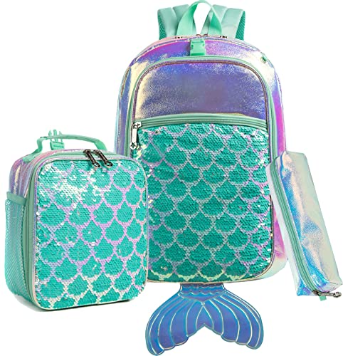 Backpack for Girls Mermaid Magic Sequin School Bag with Lunch Box Girls Backpack Set for Elementary Preschool Bookbag