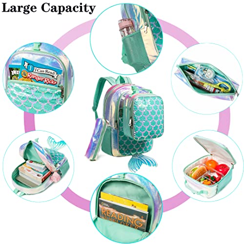 Backpack for Girls Mermaid Magic Sequin School Bag with Lunch Box Girls Backpack Set for Elementary Preschool Bookbag