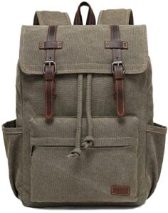 jielv canvas vintage backpack,mens travel rucksack,casual daypack bookbag for laptop school college hiking(army green)