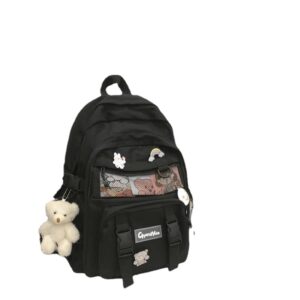 aoakva kawaii solid color backpack trendy travel bag with cute bear pendant (black pendant)