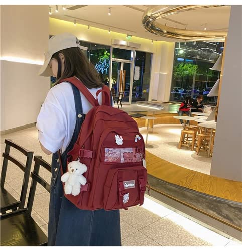 Aoakva Kawaii Solid Color Backpack Trendy Travel Bag with Cute Bear Pendant (Black pendant)