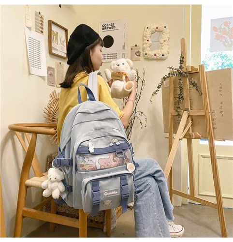 Aoakva Kawaii Solid Color Backpack Trendy Travel Bag with Cute Bear Pendant (Black pendant)