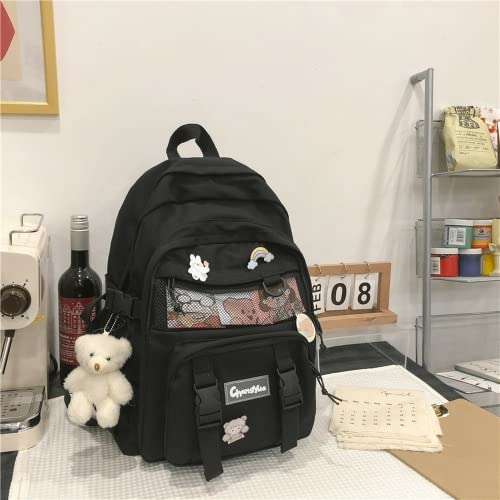 Aoakva Kawaii Solid Color Backpack Trendy Travel Bag with Cute Bear Pendant (Black pendant)