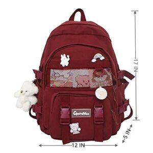 Aoakva Kawaii Solid Color Backpack Trendy Travel Bag with Cute Bear Pendant (Black pendant)