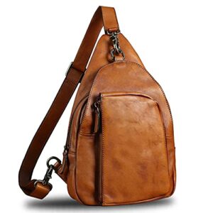 IVTG Genuine Leather Sling Bag Vintage Crossbody Hiking Shoulder Bag Sling Backpack Retro Cowhide Handmade Casual Daypack Motocycle Bag Cycling Daypack (Brown)