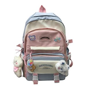 kowvowz kawaii backpack for teen girls student bookbags with cute pin and bear plush pendant harajuku school nylon waterproof (blue)