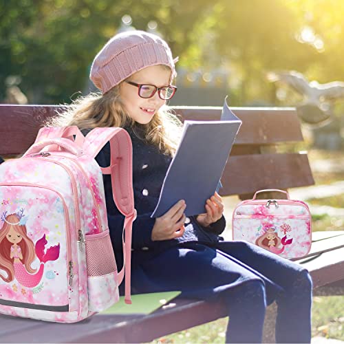 Aimeen Backpack for Girls Mermaid Backpack with Lunch Bag Pencil Box 3 in 1 Sets for Age 3+ Children Teen Elementary Lightweight School Bags