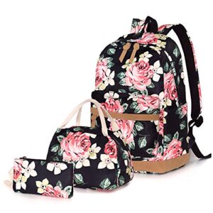 teen girl school backpack with lunch box pencil case, 3 in 1 canvas student bookbag set for elementary school (floral)