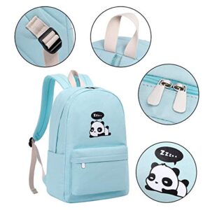 3Pcs Cute Panda Backpacks Set for Teenage Girls Boys Lightweight Casual Canvas School Backpack (Blue)