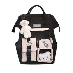 girls kawaii backpack for school kids student cute bookbag with kawaii pin and cute accessories (black 02)