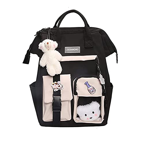 Girls Kawaii Backpack for School Kids Student Cute Bookbag with Kawaii Pin and Cute Accessories (Black 02)