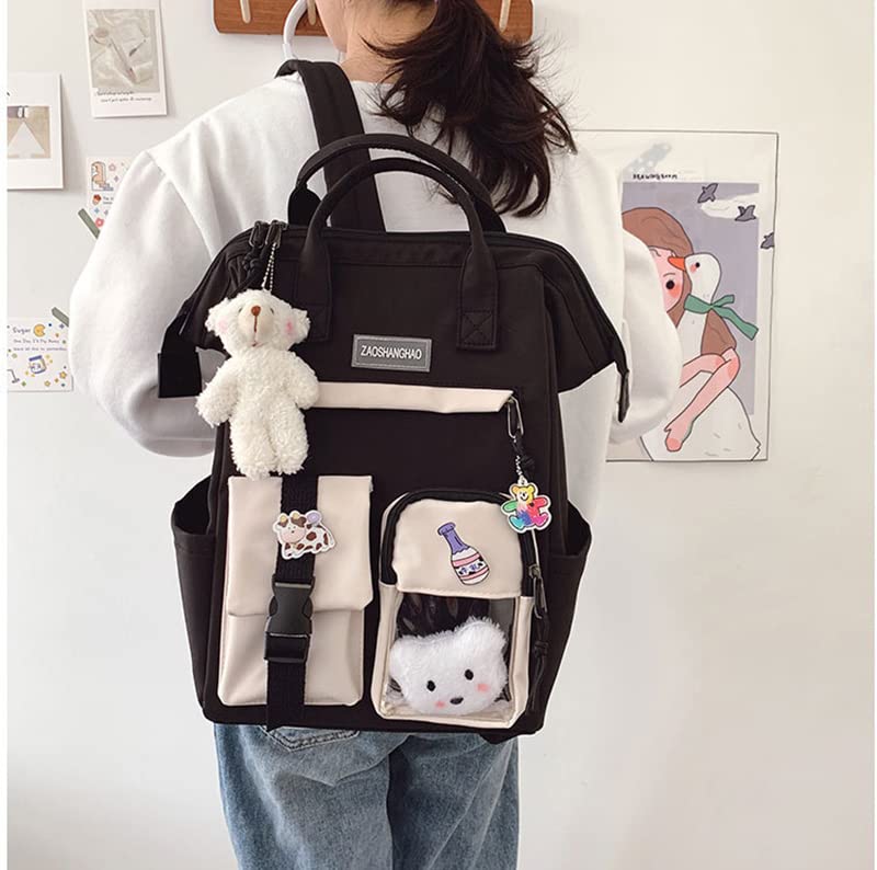 Girls Kawaii Backpack for School Kids Student Cute Bookbag with Kawaii Pin and Cute Accessories (Black 02)