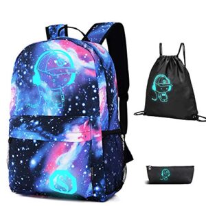flymei galaxy backpack, luminous backpack with drawstring bag & pencil case for boys/girls, cool anime backpack for boys lightweight laptop backpack for work, casual bookbag for teens