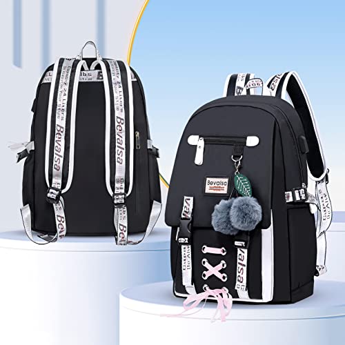 Bevalsa Backpack with Lunch Bag Set for Girls Kids Middle High School College Student 20L Nylon Water Resistant Casual Daypack Children Schoolbag Bookbag with USB Charging Port (Black)