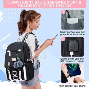 Bevalsa Backpack with Lunch Bag Set for Girls Kids Middle High School College Student 20L Nylon Water Resistant Casual Daypack Children Schoolbag Bookbag with USB Charging Port (Black)