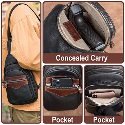 CENUNCO Genuine Leather Sling Bag for Men and Women Crossbody Sling Backpack Concealed Carry Chest Purse Black Casual Daypack Anti-Theft Travel Pouch