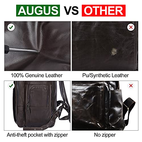 Augus Leather Backpack for Men, 15.6 Inches Vintage Laptop Bookbag for Women Leather Backpack Waterproof Purse College School Bookbag Travel Daypack