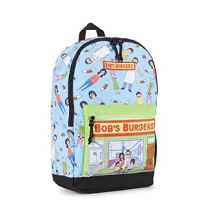 Bob's Burgers Mens Allover Backpack - Bob's Burgers Bob, Tina & Louise Belcher Bookbag - Knapsack for Everyday (Light Blue)