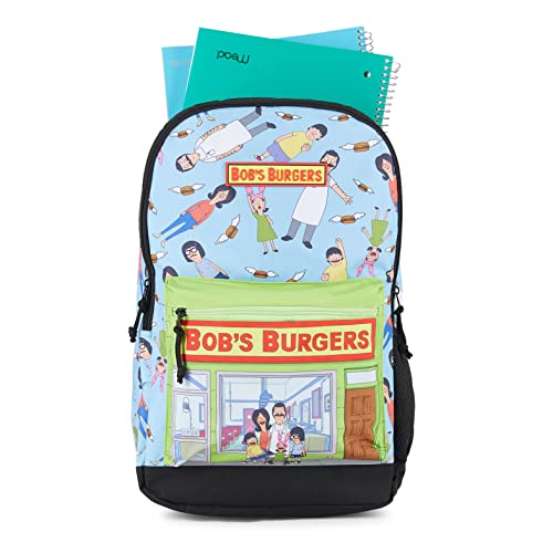 Bob's Burgers Mens Allover Backpack - Bob's Burgers Bob, Tina & Louise Belcher Bookbag - Knapsack for Everyday (Light Blue)