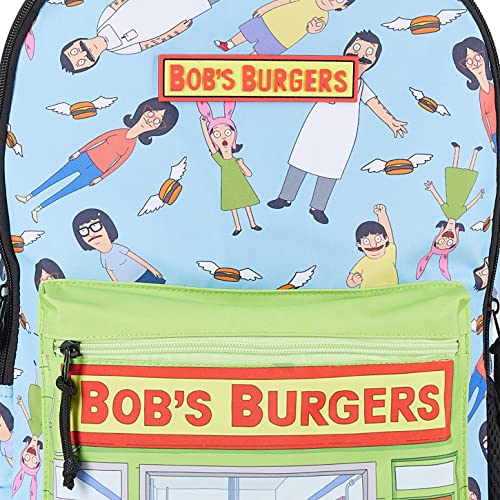 Bob's Burgers Mens Allover Backpack - Bob's Burgers Bob, Tina & Louise Belcher Bookbag - Knapsack for Everyday (Light Blue)