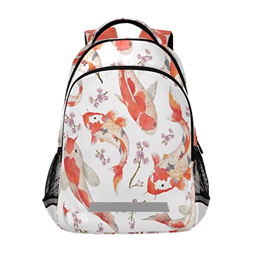 Koi Fish Japanese School Backpack for Girls Boys Floral Oriental Watercolor Laptop Backpack for Teenagers Adults Safe Reflectiv Stripes Casual Travel Shoulder Bag Daypack Hiking Camping