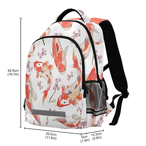 Koi Fish Japanese School Backpack for Girls Boys Floral Oriental Watercolor Laptop Backpack for Teenagers Adults Safe Reflectiv Stripes Casual Travel Shoulder Bag Daypack Hiking Camping