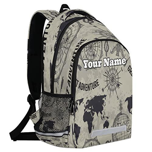 Herdesigns Custom Vintage Backpack for Men Women with Name Personalized Map Globe Compass School Bookbag Backpacks Customized Travel Casual Daypack Laptop Bag