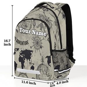 Herdesigns Custom Vintage Backpack for Men Women with Name Personalized Map Globe Compass School Bookbag Backpacks Customized Travel Casual Daypack Laptop Bag