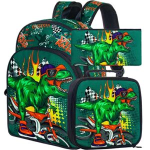 klfvb 3pcs boys backpack, 16″ dinosaur kids bookbag and lunch box, preschool backpacks for elementary students