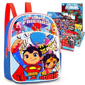 dc shop superman and friends mini backpack toddler preschool bundle with 11inch justice league featuring superman, batman, wonder woman, flash, aquaman, cyborg, stickers more bag