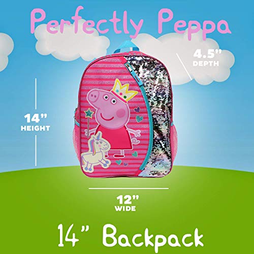 Peppa Pig Backpack for Girls for Kindergarten & Elementary School, 16 Inch, Flip Sequins & Glitter Bookbag with Padded Back & Adjustable Shoulder Straps, Lightweight Travel Bag for Kids
