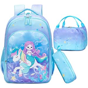 mermaid unicorn backpack for girls school backpack for girls mermaid bookbag large capacity water resistant school bag 3 piece bundle with insulated lunch bag pencil case