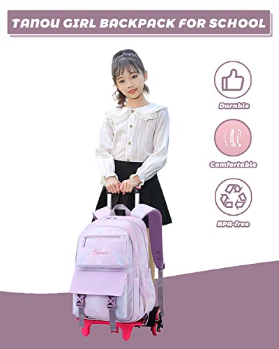 Tanou Rolling Backpack, Lightweight Backpacks with Wheels for Girls, 2023 Kids Roller Bookbags for School Travel, 16 Inch, Purple Star