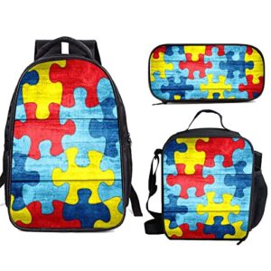 colorful autism awareness puzzle backpack 3 piece set school bag bookbag with lunch box and pencil case set for boys girls
