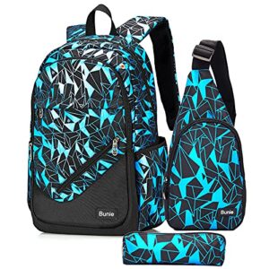 bunie boys backpack for school large bookbag waterproof schoolbag pencil case sling bag set for middle high casual daypack (blue)