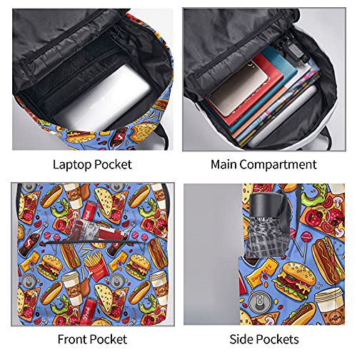 FeHuew 16 inch backpack Fast Food Hamburger Pizza Cola Laptop Backpack Full Print School Bookbag Shoulder Bag for Travel Daypack