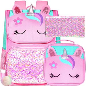 klfvb 3pcs girls backpack , 15″ sequin unicorn bookbag with lunch box, kids preschool school bag for elementary students – pink
