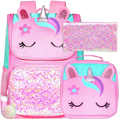 KLFVB 3PCS Girls Backpack , 15" Sequin Unicorn Bookbag with Lunch Box, Kids Preschool School bag for Elementary Students - Pink