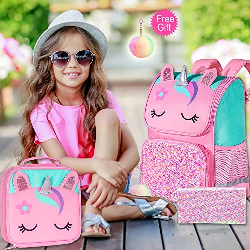 KLFVB 3PCS Girls Backpack , 15" Sequin Unicorn Bookbag with Lunch Box, Kids Preschool School bag for Elementary Students - Pink