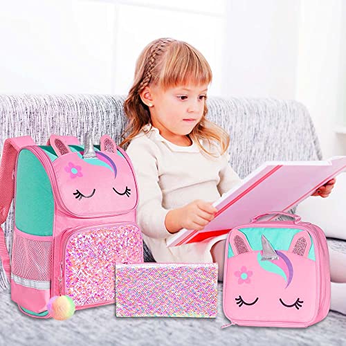 KLFVB 3PCS Girls Backpack , 15" Sequin Unicorn Bookbag with Lunch Box, Kids Preschool School bag for Elementary Students - Pink