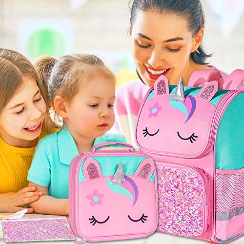 KLFVB 3PCS Girls Backpack , 15" Sequin Unicorn Bookbag with Lunch Box, Kids Preschool School bag for Elementary Students - Pink