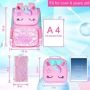 KLFVB 3PCS Girls Backpack , 15" Sequin Unicorn Bookbag with Lunch Box, Kids Preschool School bag for Elementary Students - Pink