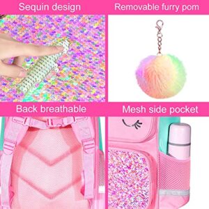 KLFVB 3PCS Girls Backpack , 15" Sequin Unicorn Bookbag with Lunch Box, Kids Preschool School bag for Elementary Students - Pink