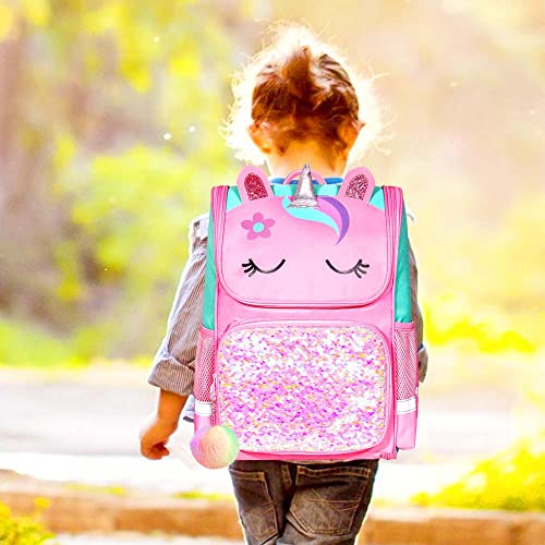 KLFVB 3PCS Girls Backpack , 15" Sequin Unicorn Bookbag with Lunch Box, Kids Preschool School bag for Elementary Students - Pink