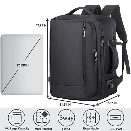 NocNoc Travel Backpack for Women Men Airline approved, 40L Extra Large Carry on Backpack, Expandable Luggage Backpack for 17in Laptop, Black