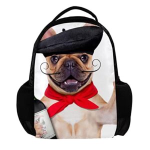 laptop backpacks french bulldog with red wine beret hat