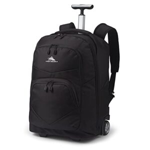 high sierra freewheel pro wheeled backpack with 360 degree reflectivity, rotating handle, large main compartment, and laptop sleeve, black